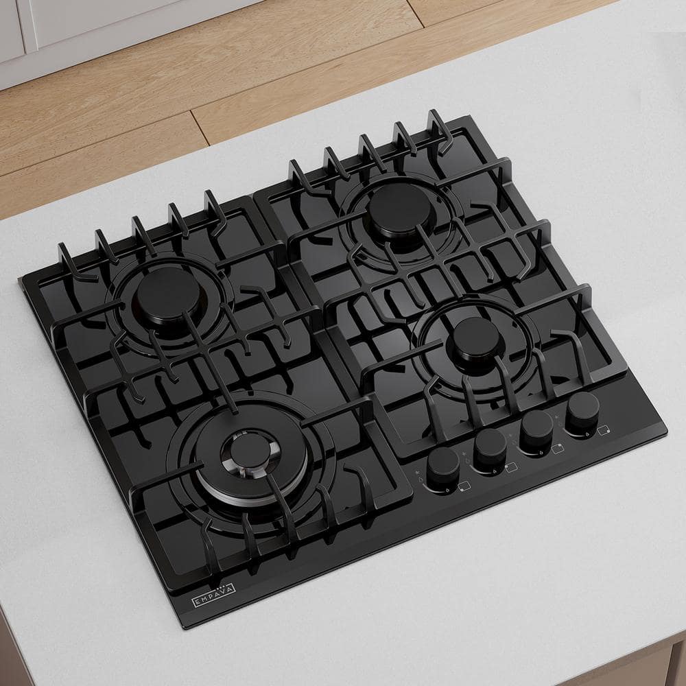 24 in. Gas Stove Cooktop with 4 Sealed Burners in Black Tempered Glass
