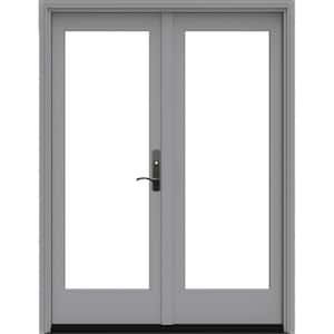 60 in. x 80 in. Left-Hand Inswing Low-E Silver Clad Wood Double Prehung Patio Door with Dove Interior