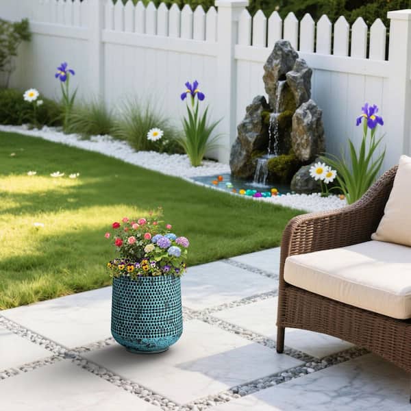 12 in. Medium Turquoise Patterns Concrete Tall Round Planter / Pot with Drainage Holes, Upgraded Interior