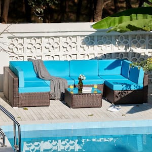 Walnut 7-Piece All-Weather Wicker Outdoor Sectional Set with Blue Cushions and Tempered Glass Coffee Table