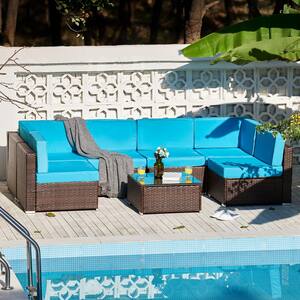 Walnut 7-Piece All-Weather Wicker Outdoor Sectional Set with Blue Cushions and Tempered Glass Coffee Table