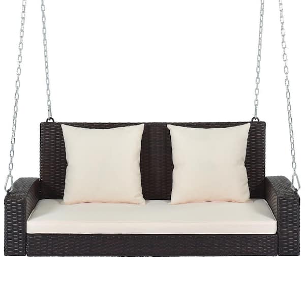 Unbranded 2-Person Brown Wicker Hanging Porch Swing with Chains, Beige Cushion and Pillow for Garden, Backyard, Outdoor