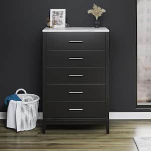 Madison Lane Tall 5-Drawer Dresser, Black w/White Marble Top