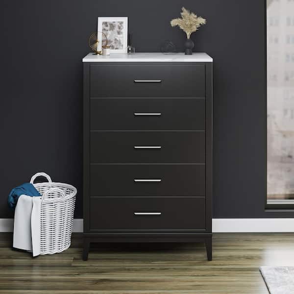 Ameriwood Home Madison Lane Tall 5-Drawer Dresser, Black w/White Marble Top