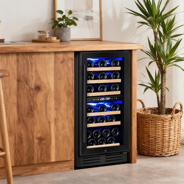 15 in. Dual Zone 30-Bottle Reversible Door Wine Cooler in Black with 3 Removable Beechwood Shelves Auto Blue Lighting