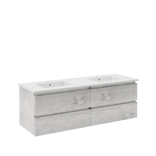 Fresca Formosa 72 in. Double Sink Wall Mount Rustic White Bath Vanity with White Quartz Top and Undermount Ceramic Sink