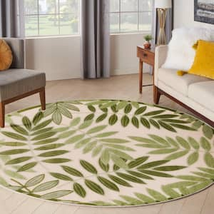 Aloha Ivory Green 5 ft. x 5 ft. Floral Contemporary Indoor/Outdoor Round Area Rug