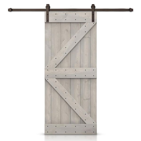 CALHOME K Series 48 in. x 84 in. Silver Gray Stained DIY Knotty Pine Wood Interior Sliding Barn Door with Hardware Kit