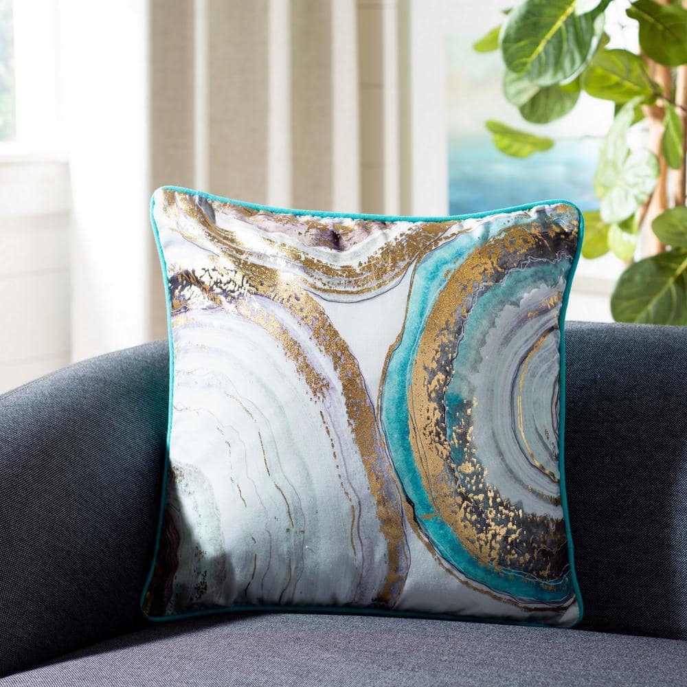 Nima 18" Blue and Gold Polyester Throw Pillow