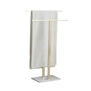 2-Tier Standing Towel Rack with Marble Base for Bathroom Floor Double-T Tall Bath Towel Sheet Holder in Brushed Gold