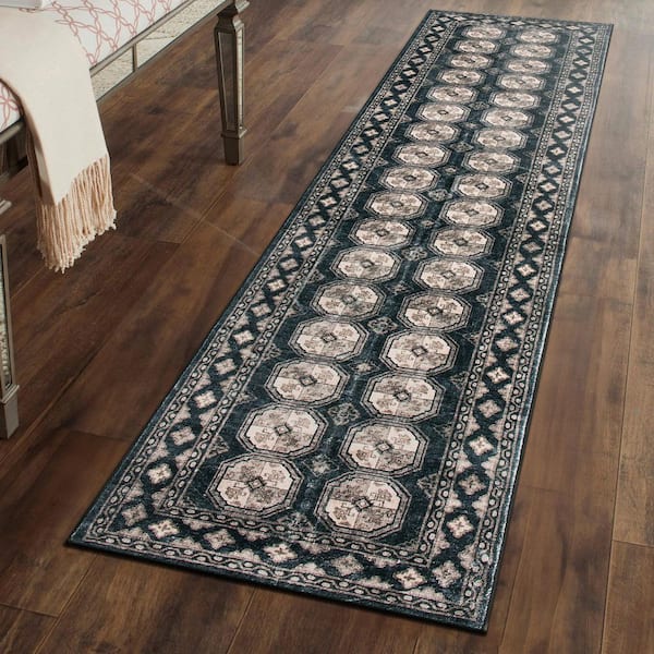 Transitional Moroccan Washable Non Slip Anthracite 2 ft. x 8 ft. Runner Rug