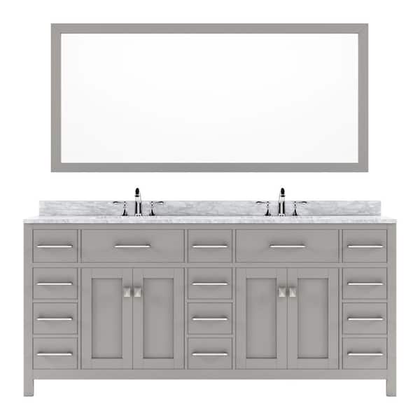 Virtu USA Caroline Parkway 72 in. W x 22 in. D x 34 in. H Double Sink Bath Vanity in Gray with Marble Top and Mirror