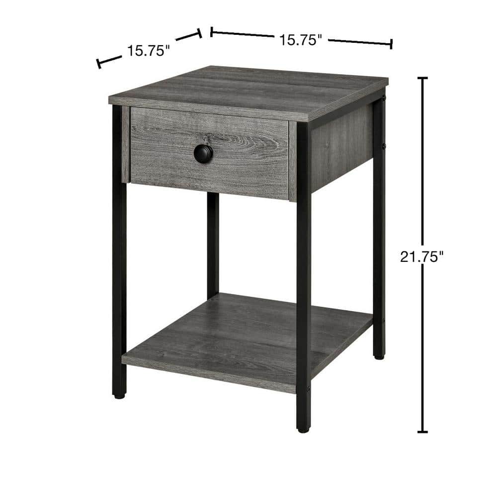 Gray Wood and Black Steel Square End Table with Storage