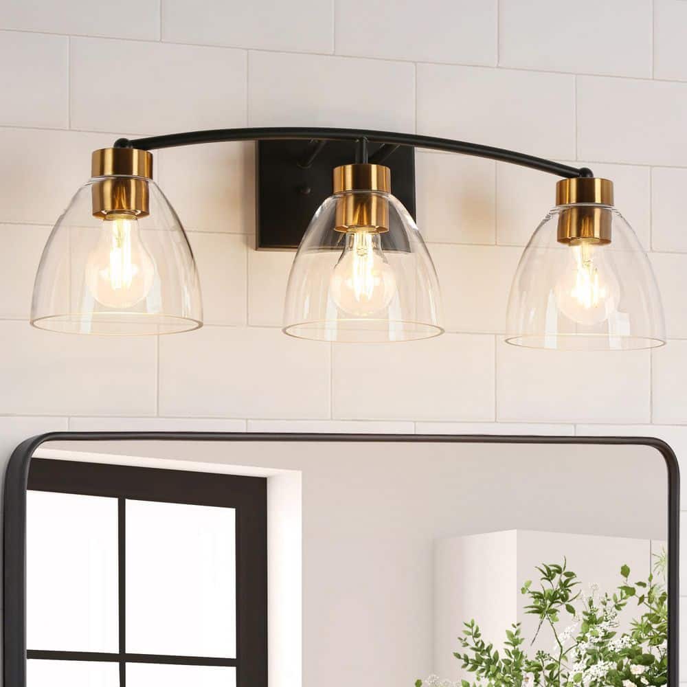 Modern 23.2 in. 3-Light Black and Brass Bath Vanity Light with Bell Clear Glass Shades Classic Wall Light LED Compatible price history on PriceWatchPro