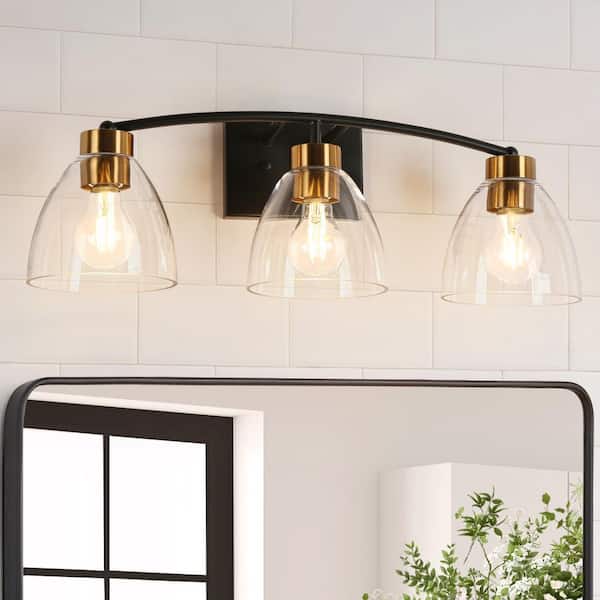 LNC Modern 23.2 in. 3-Light Black and Brass Bath Vanity Light with Bell Clear Glass Shades Classic Wall Light LED Compatible