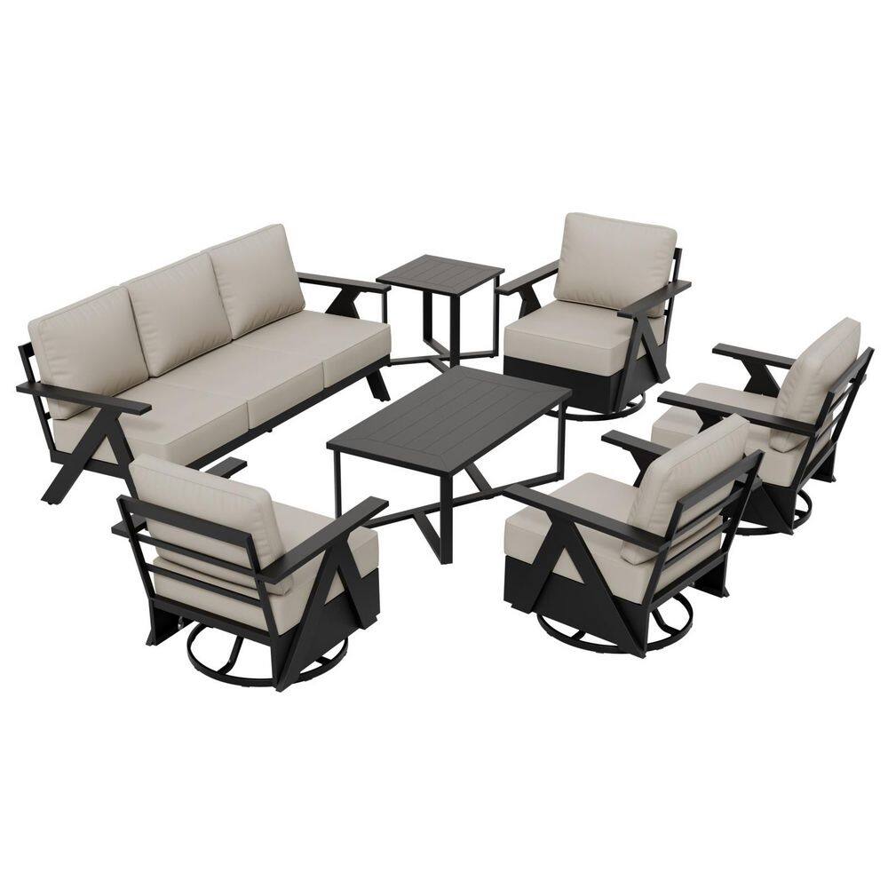 Modern 7-Piece Patio Set: 4 Rocking Chairs Three-Seater Sofa Coffee Table Side Table Black Steel with Beige Cushions price history on PriceWatchPro