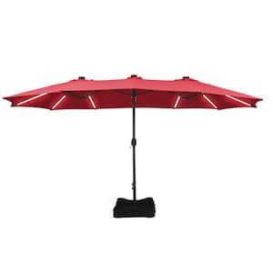 15 ft. Outdoor Rectangular Crank Market Umbrella Patio Umbrella in Red with Solar Detachable Lights and Base