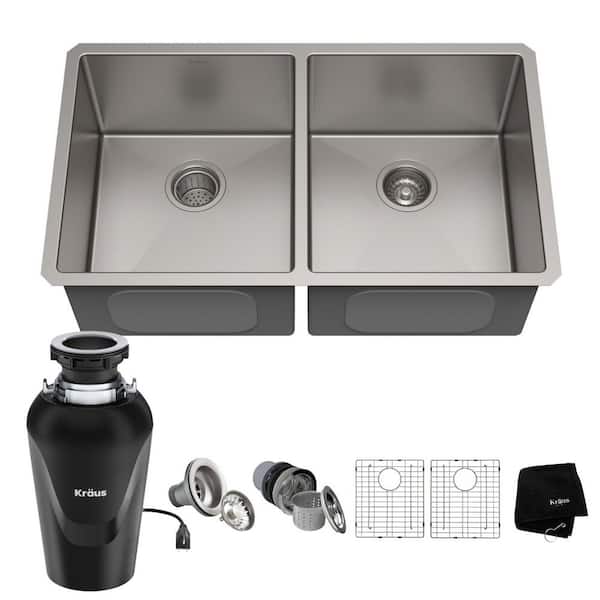 Standart PRO26 Gauge Stainless Steel 33 in. 50/50 Double Bowl Undermount Kitchen Sink with WasteGuard Garbage Disposal
