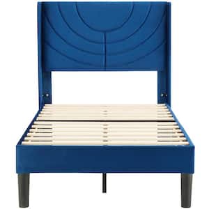 Upholstered Bed Frame Twin Blue Metal Bed Frame with Fabric Headboard, Wooden Slats Support