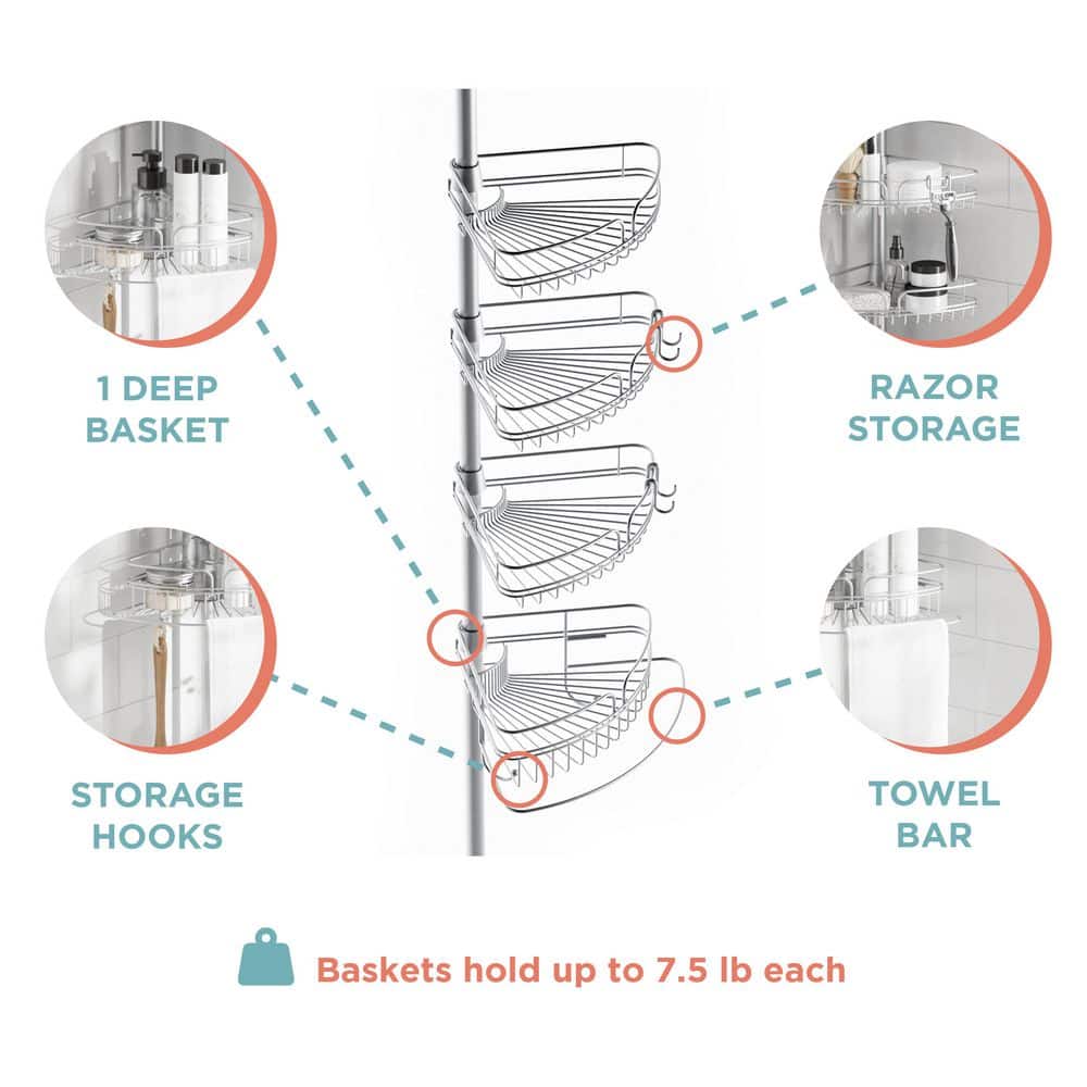 Adjustable Nickel Tension Pole Shower Caddy with Four Shelves