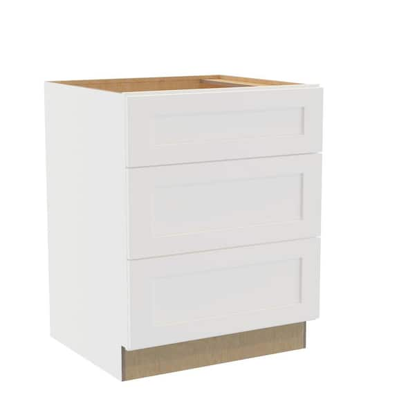 Newport 27 in. W x 24 in. D x 34.5 in. H Assembled Plywood Drawer Base Kitchen Cabinet in Pacific White with Soft Close