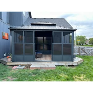 12 ft. X 14 ft. Sunroom Hardtop Gazebo Solarium Galvanized Steel Double Roof Aluminum Screen House Patio Backyard Gray