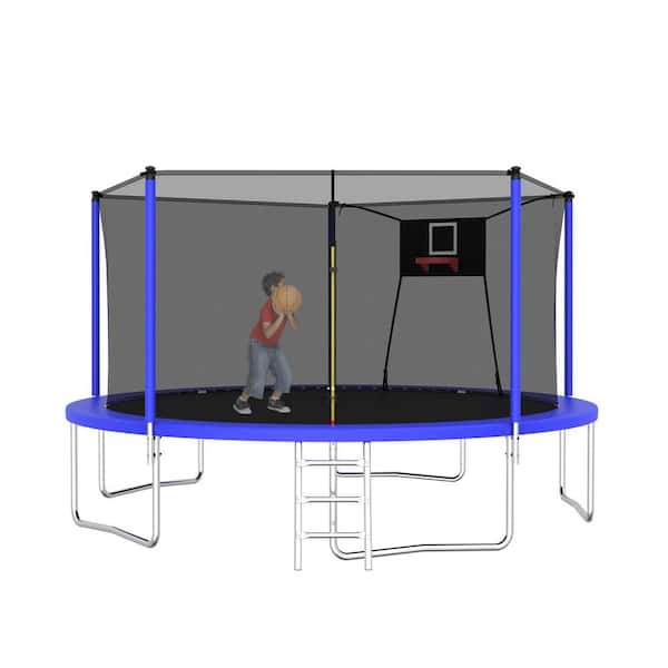14 ft. Large Trampoline with Enclosure Net and Soft Backboard in Blue