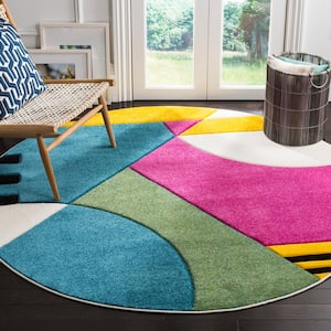Hollywood Peacock Blue/Fuchsia 5 ft. x 5 ft. Round Abstract Area Rug
