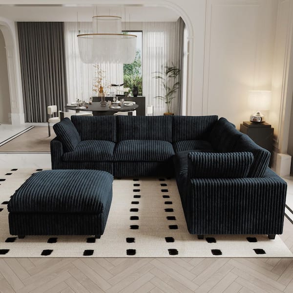 Magic Home 118 in. Square Arm Velvet 6-Piece Free Combination Comfy Couch Cloud Modular Sectional Sofa with Ottoman, Black