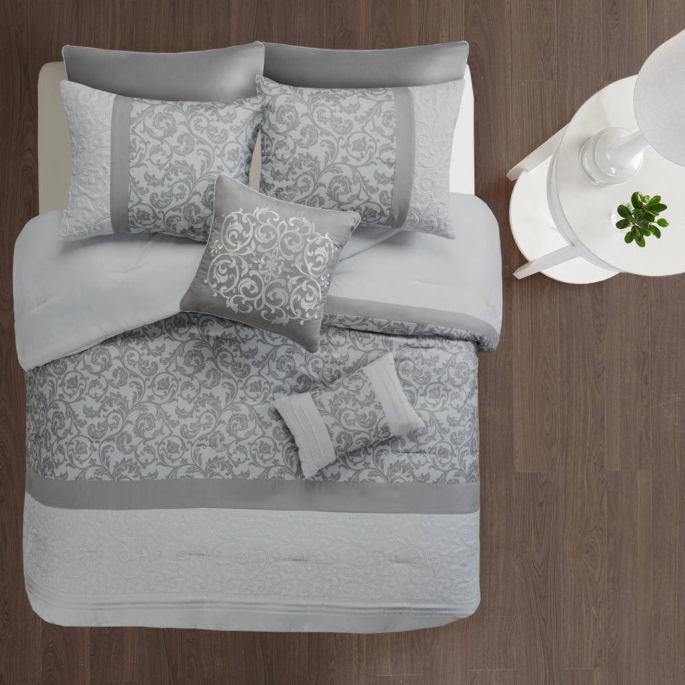 Gray Queen Microfiber 8-Piece Embroidered Comforter Set