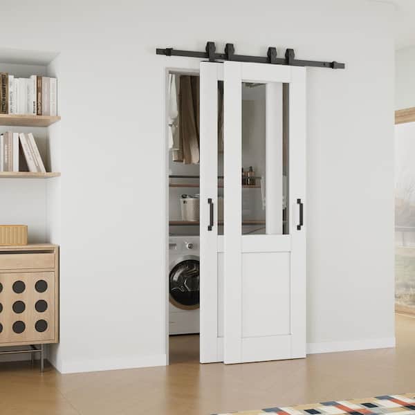 ARK DESIGN 40 in. x 80 in. (Double 24 in. ) 1/2 Lite Clear Glass White Primed MDF Sliding Barn Door with Hardware Kit Bypass