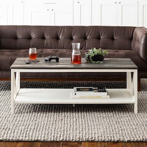 48 in. Gray/White Wash Large Rectangle Wood Coffee Table with Shelf