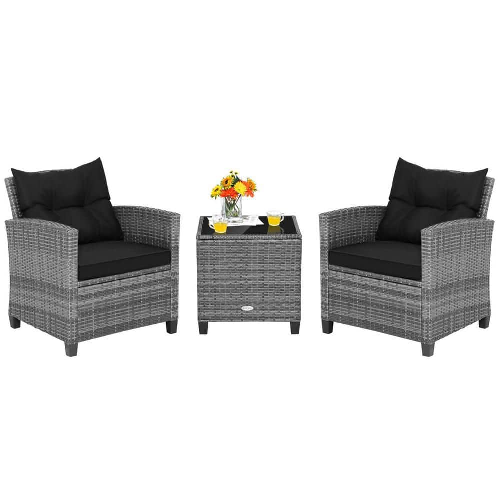 Set of 3 Rattan Furniture Bistro Set Cushioned Sofas Side Table Armrest Black price history on PriceWatchPro