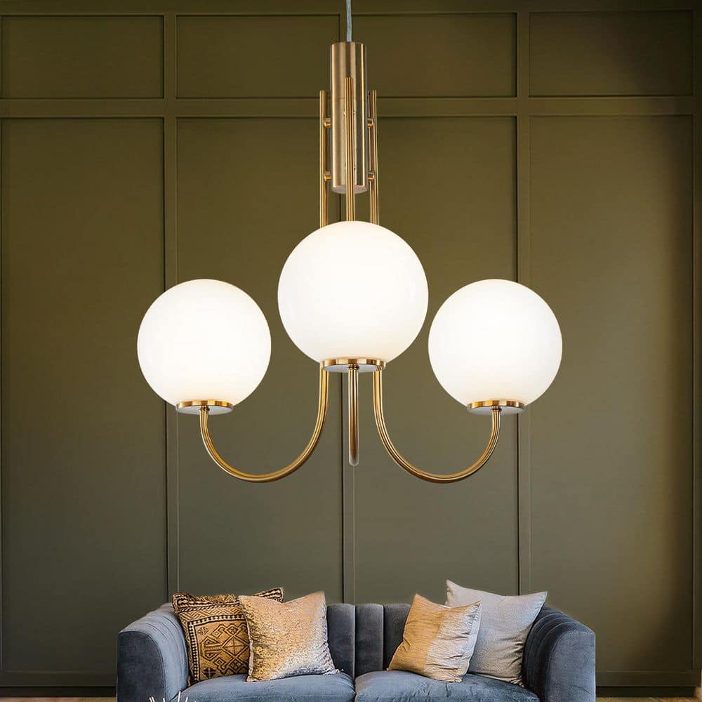 3-Lights 25 in. W Mid-Century Modern Globe Chandelier in Aged Brass with Ha