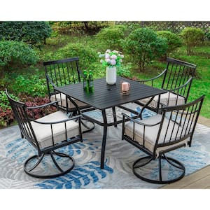 5-Piece Metal Patio Outdoor Dining Set with Rectangle Table and Swivel Stylish Arm Chairs with Beige Cushion