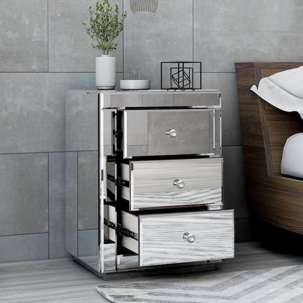Qualler 3-Drawer Silver Mirrored Nightstand (24 in. H x 17 in. W x 15 in. D)