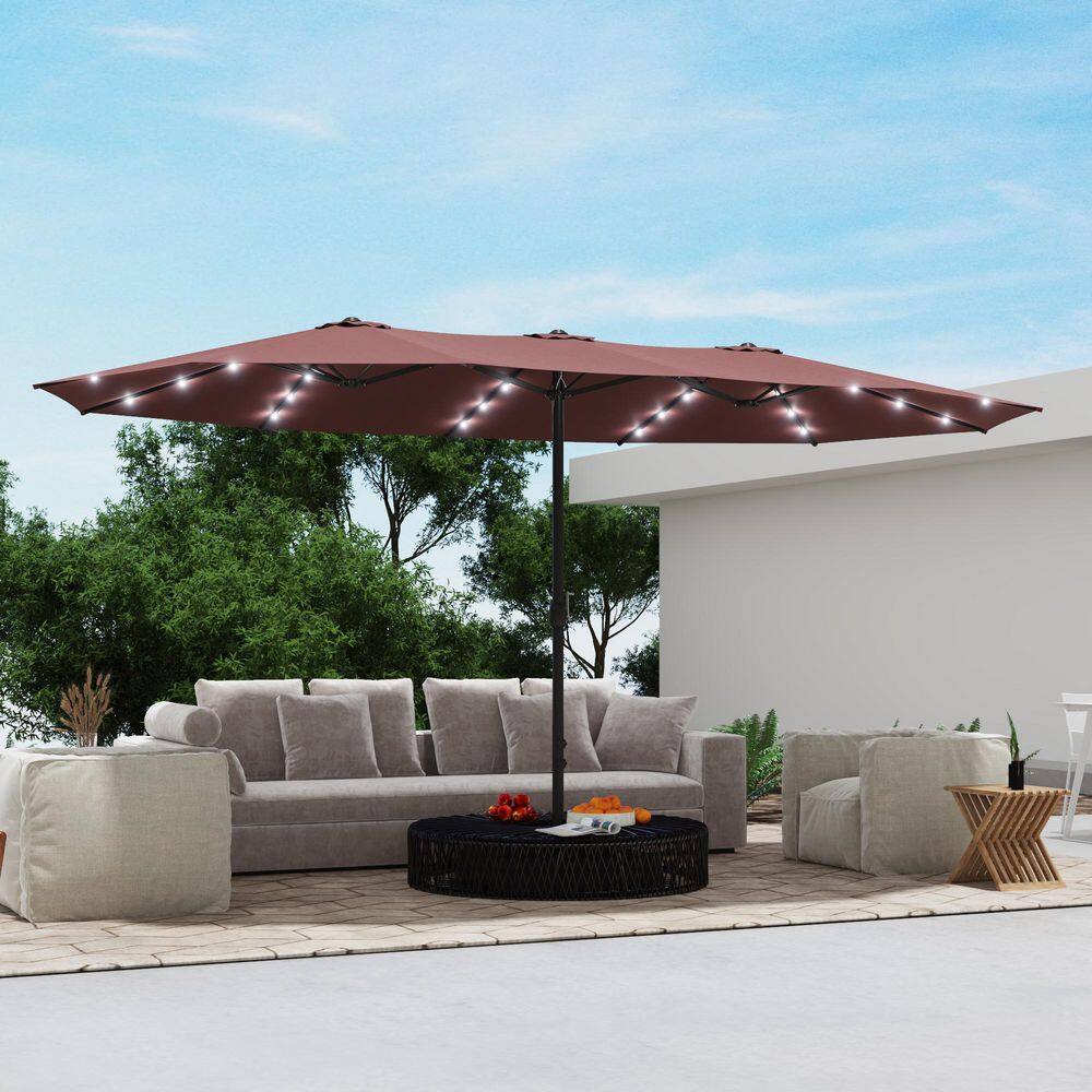 15 ft. Solar LED Lighted Double-Sided Steel Pole Beach Patio Umbrella with Crank, Base, 2 Sandbags in Burgundy price history on PriceWatchPro