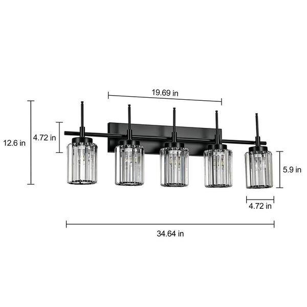 ZYZWMB Kira 34.6 in. 5-Light Black Dimmable Crystal Bathroom