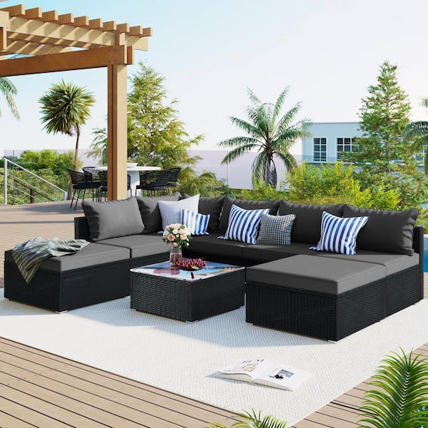 JimsMaison 8-Piece Wicker Patio Conversation Set with Gray Cushions