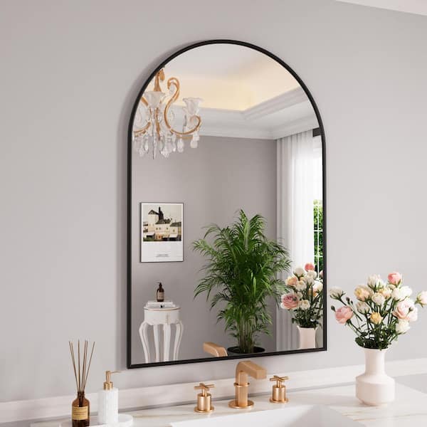 Modern 24 in. W x 36 in. H Arched Black Metal Framed Wall Mirror Vanity Mirror