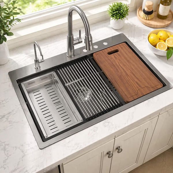 33 in. Drop-in 3-Hole Single Bowl 16-Gauge Gunmetal Black Stainless Steel Workstation Kitchen Sink with Full Accessories