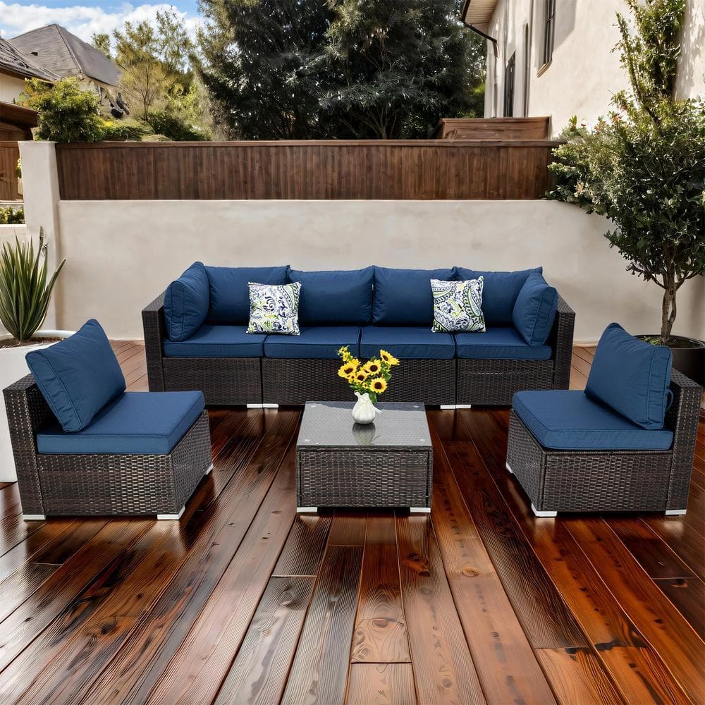 Tenleaf 7-Piece Brown Wicker Patio Conversation Set with Peacock Blue ...