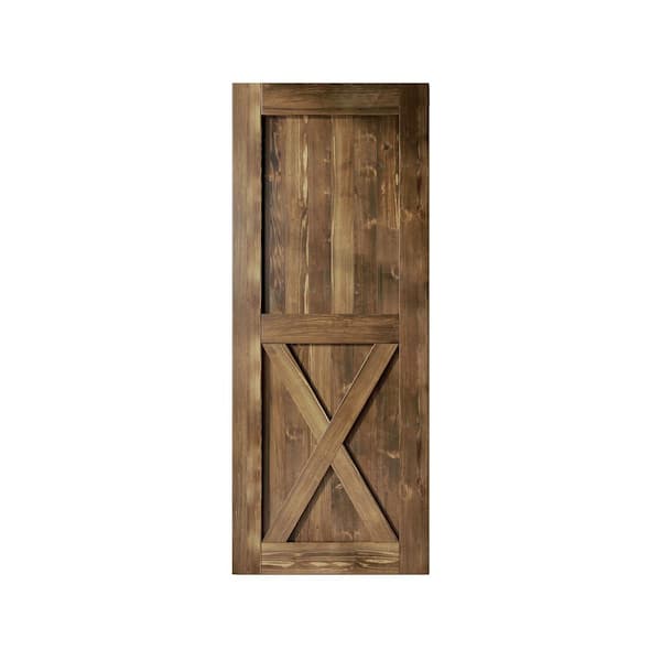 HOMACER 30 in. x 96 in. X-Frame Walnut Solid Natural Pine Wood Panel Interior Sliding Barn Door Slab with Frame