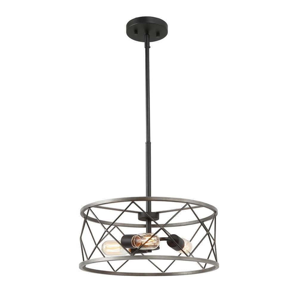 3-Light Brushed Aged Silver and Matte Black Drum Chandelier with Bulbs. Not