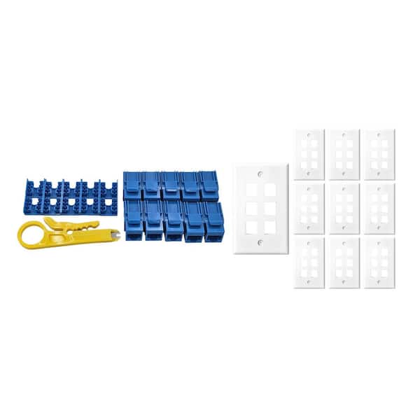 10-Pack 1-Gang White Keystone Plastic Wall Plates 6-Port and 10 Cat 6A RJ45 Keystone Jacks Blue