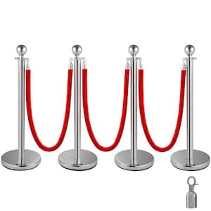 Velvet Rope Stanchion 4 Pack Red Velvet Rope Barriers 38 in. Stainless Steel Crowd Control Barrier Queue Line, Silver