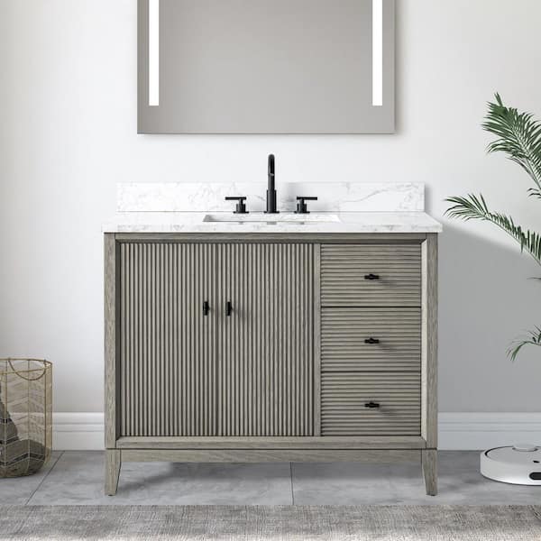 42 in. W x 22 in. D Single Sink Freestanding Driftwood Gray Bath Vanity Cabinet with White Engineered Marble Top