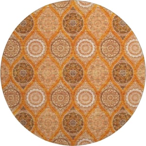 Mayfield Premium Machine Washable Abstract AMF976 Orange 8 ft. x 8 ft. Round Rug