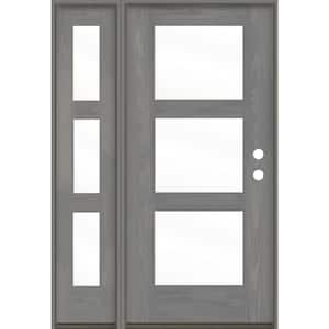 Modern 50 in. x 80 in. 3-Lite Left-Hand Inswing Clear Glass Malibu Grey Stain Fiberglass Prehung Front Door LSL