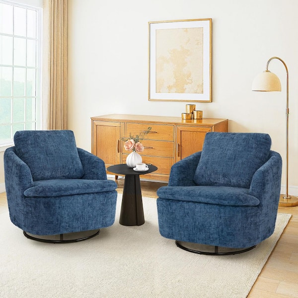 Arthur 35 in. Navy Fabric Upholstered Swivel Glider Arm Chair with Metal Base Swivel Accent Chair Set of 2